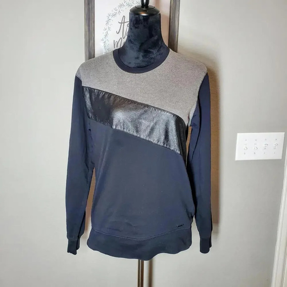 GUESS Black Faux Leather Panel Women's Pullover Sweatshirt Small - Picture 3 of 15